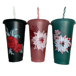 Starbucks 2022 Holiday Floral Glitter Venti Tumbler 24 Oz Cold Cups - Set Of 3